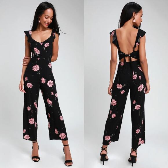 Amuse Society Sweet November Black Floral Print Tie Back Jumpsuit Size Small - Picture 1 of 12